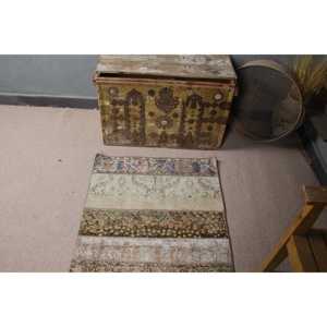 2.6x2.9 ft Small Vintage Turkish Rug <b>Brown</b> Abstract <b>Wool</b> Eco-Friendly Patchwork Latex Backed Rug - Product Image 4