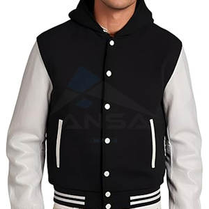 แจ็คเก็ตเบสบอลสไตล์วาร์ซิตี้สำหรับผู้ชาย แขนหนังแท้ ตัวเสื้อผสมขนสัตว์ ขอบยางยืดปรับได้ สวมใส่สบาย - Product Image 4