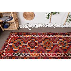 Alfombra Kilim Roja turca Vintage, alfombra clásica de yute de 3,1x10,5 pies con patrón de retazos, técnica de tejido plano con respaldo de látex - Product Image 4