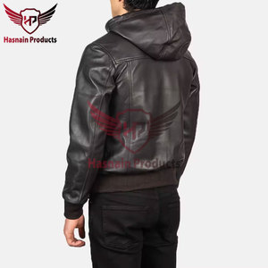 Chaqueta de cuero bombardero genuino de cordero negro de moda de calidad superior para hombre con capucha desmontable Chaqueta de cuero bombardero elegante para hombre - Product Image 5