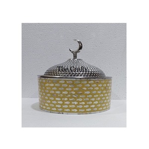 Casserole de service ronde de qualité supérieure en bois moderne et en verre avec couvercle en acier inoxydable et bouton en forme de lune - Product Image 1