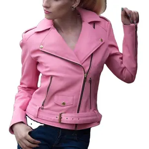 ピンクの女の子のようなピンクの本物のクロップドソフトピュアシープスキンレザーレディースジャケット