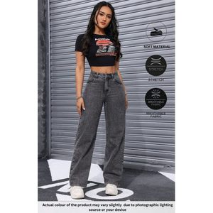 Vintage Streetstyle Luxury Eco-Friendly Plating Grey Fashion <b>Woman</b> Baggy Wideleg Trendy Denim <b>Jeans</b> High Waist <b>Soft</b> Stretch - Product Image 2