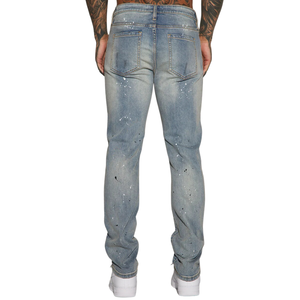 Mens Light Blue Washed Distressed Jeans <b>Paint</b> Splatter Detail Casual Straight Fit Mid Breathable Front Streetwear Fashion - Product Image 2