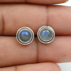 Dainty Gift for Her 925 <b>Sterling</b> <b>Silver</b> Natural Labradorite Gemstone Round Shape <b>Stud</b> Earrings Bohemian Handmade Jewelry India - Product Image 4