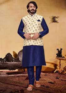 Kurta Payjama en soie pour hommes, vêtements de fête traditionnels indiens avec veste imprimée, meilleure qualité en fournisseur indien - Product Image 4
