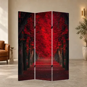 Paravent pliant en toile double face avec motif de forêt de arbres rouges - Product Image 3