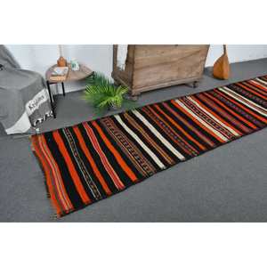 Grand tapis vintage turc inspiré de l'Orient 28x11.5ft Orange noir laine Latex support Patchwork pour couloir chambre décor - Product Image 1