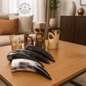 เขาควายขัดเงาทำมือสไตล์ไวกิ้ง พร้อมที่ใส่หนังแบบมีสไตล์ สำหรับพิธีแต่งงาน ราคาถูกจากอินเดีย - Product Image 2