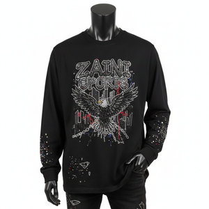 Camiseta de manga larga de algodón jersey de alta calidad, tela negra lisa, logotipo de pedrería termoadhesivo, camiseta de manga larga para hombre - Product Image 1