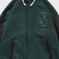 Veste de baseball personnalisée verte avec manches en cuir noir pour hommes et femmes, veste bomber Letterman, broderie personnalisée