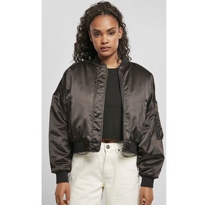 แจ็คเก็ตบอมเบอร์ของผู้หญิงเสื้อแจ็คเก็ตผ้าซาตินย้อมสีน้ำตาลย้อมสีน้ำตาลมีกระเป๋าแบบกำหนดเองผลิตภัณฑ์สำเร็จรูปผ้าไนลอนระบายอากาศได้ดี - Product Image 1