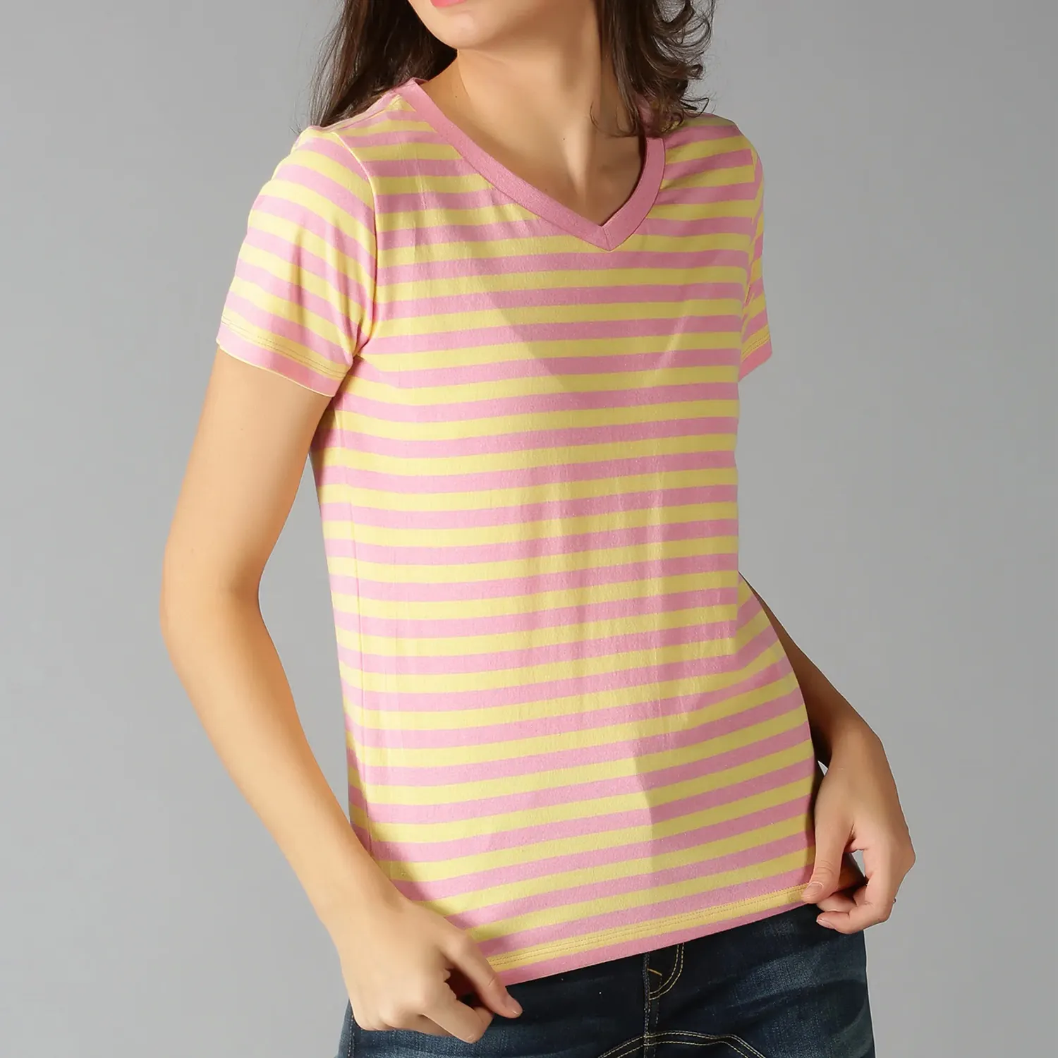 V Neck Short Sleeve Striped Young Ladies Oversized T-Shirts Good Quality Branded Tees For Women From Bangladeshi Manufacturers