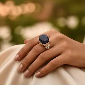 แหวนเงินแท้ 925 ทำมือสำหรับผู้หญิง ประดับพลอยสีน้ำเงินธรรมชาติทรงรี เครื่องประดับแพลตตินัม งานฝีมือประณีต - Product Image 1