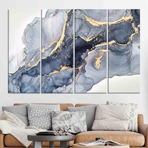 Toile d'art moderne abstraite avec imprimé marbre bleu et or - Décoration élégante et vibrante, lot de 4 toiles - Product Image 1