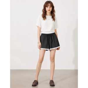 Shorts en tricot côtelé à bordure en dentelle, respirants, à séchage rapide, à haute élasticité, design moderne, pour femmes, vêtements de détente confortables, pyjama, OEM ODM - Product Image 1