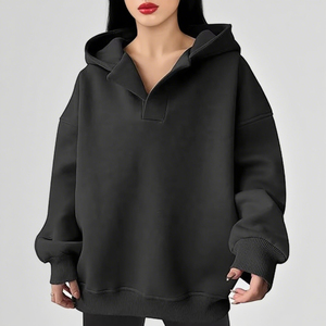 Sudaderas con capucha de algodón de lana de gran tamaño con cuello en V, suéter de manga larga, suéter informal cómodo, trajes de otoño 2025 - Product Image 1