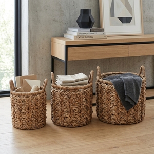 Ensemble de paniers de rangement en écorce de bananier naturelle avec cadre en fer, poignée en chevron tressé, pot cylindrique, décoration artistique pour la maison - Product Image 6
