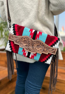 Western Stylish Real Tooled Aztec Leather Multi Color Fringe Sling Bag Venta caliente Nueva llegada Tooled Saddle Blanket Handbag - Product Image 2