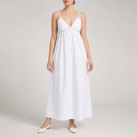 Robe longue blanche en coton pour femme, bretelles spaghetti, col en V, dos nu, poches latérales, été