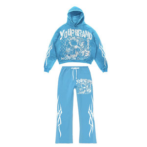 Oversized Vintage Acid Wash Full Cotton Tracksuit Set Featuring Custom DTG <b>Hoodie</b> and Flared Sweatpants for American Streetwear - Product Image 2