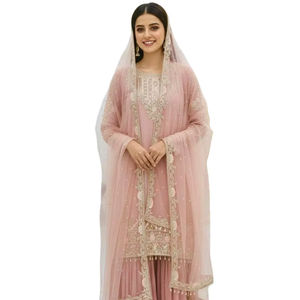 Trend Özel Saf Georgette İpek Kırmızı Ağır İşlemeli Yarı Dikili Salwar Kameez Eşleşen Dupatta Seti Parti İçin - Product Image 1