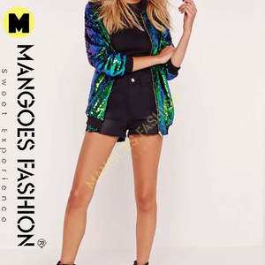 Chaqueta de lentejuelas verdes para mujer de alta calidad de talla grande con cremallera Glitter Bling Bomber prendas de vestir exteriores con tela de lona de algodón con relleno - Product Image 3