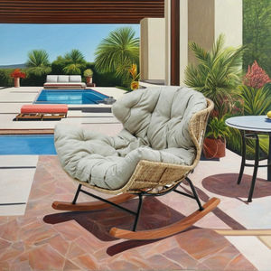 Chaise longue relaxante Benely avec coussin en tissu Kagawa, design moderne asiatique, chaise longue en rotin pour usage extérieur dans les villas et les hôtels - Product Image 2