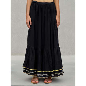 Black Mulmul Gota <b>Skirt</b> <b>with</b> <b>Elastic</b> <b>Waist</b> Breathable Corduroy Formal Work Style - Product Image 2