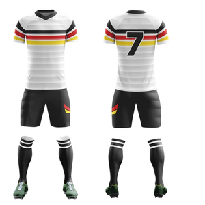 Camiseta de fútbol de alta calidad uniforme blanco negro rojo amarillo rayas hombres equipo Kit con pantalones cortos ropa deportiva de malla de poliéster de secado rápido - Product Image 1