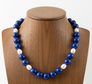 Collier unisexe RUdra de 18 pouces en argent tibétain 925 avec perles nouées à la main, pierre naturelle lapis-lazuli et perles d'imitation de haute qualité - Product Image 1