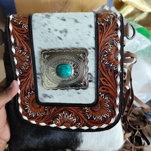 Best Selling Women's Genuine Leather Bohemian <b>Sling</b> Bag High Quality Hand Tooling Custom Pattern Tassel Decoration Zipper - Product Image 5