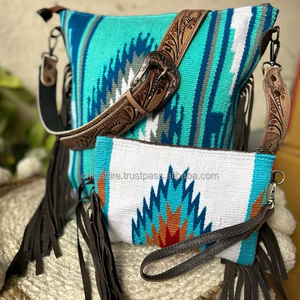 Wholesale Hand Tooled Leather Saddle <b>Blanket</b> Tassel Handbag Stylish Hand Carving Leather Saddle <b>Blanket</b> Wallet Women Combo Set - Product Image 4