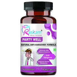 Raskam Party Well -60 Veg Capsules you get to win over hangover natural anti-hangover drink to give you a headache free