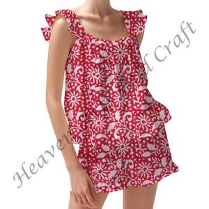 Beautiful Printed Cotton Block Printed Shorts <b>Pajama</b> Set <b>Women</b> Spring/<b>Summer</b> Floral Fitted Strappy Ruffle Trim Sleeves PJ Set - Product Image 5