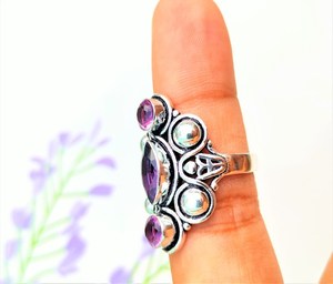 925 Sterling Silver Oval Cut Bezel Setting Amethyst Ring Unique Boho Style Gemstone Jewelry for Wedding and Party - Product Image 2