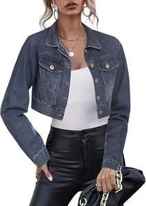 Spring Autumn <b>Women</b> Cropped Denim Jacket Casual Slim Fit Stone Washed <b>Jeans</b> Outerwear Solid Color Cotton <b>Short</b> Coat - Product Image 2