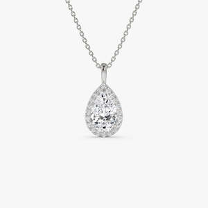 Collier élégant fait main en or 14 carats avec diamant de laboratoire en forme de poire serti halo, 1,25 ct E-F VS, cadeau de mariage ou d'anniversaire - Product Image 3