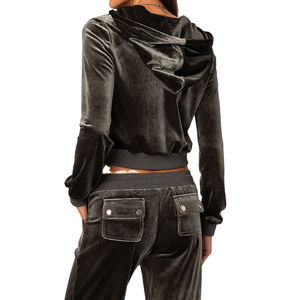 Custom Velvet Sweatsuit Two Piece Embroidery Flared Pant Cropped Hoodie Sets Zip up Rhinestone <b>Velour</b> <b>Tracksuit</b> for Women - Product Image 3