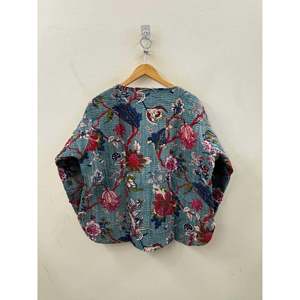 Hand Block-Printed <b>Quilted</b> Cotton <b>Jacket</b> with Coconut Shell Buttons and Three Quarter Sleeve Teal Garden Design for Spring - Product Image 2