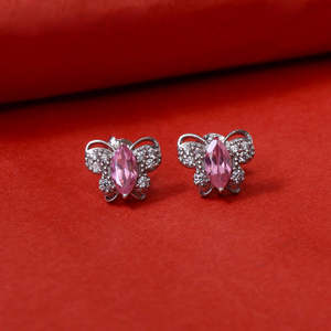 Boucles d'oreilles clous papillon argentées tendance avec zircon rose, perles et pierres précieuses en diamant, en laiton rhodié, pour fêtes, cadeau religieux pour elle - Product Image 2
