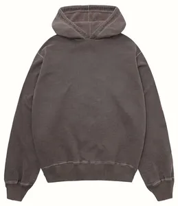 Sudadera con capucha recortada de moda de otoño para hombre, sudadera de algodón 100% de talla grande con hombros caídos lavados con ácido desgastado, teñida lisa - Product Image 4
