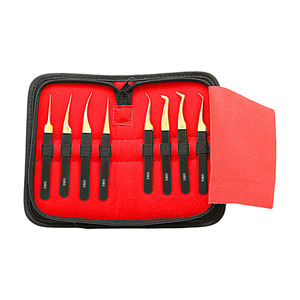 UBI UBI-009 Pack de 8 pinces professionnelles pour extensions de cils, or et noir, en acier à haute teneur en carbone, pointe dentelée 12MM, courbées, droites, 3D - Product Image 4