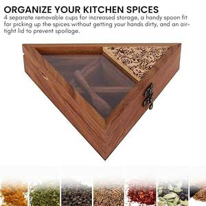 Boîte à épices traditionnelle en bois sculpté, écologique, compartiments séparés, réglage de la finesse, épices de cuisine indienne, faible coût - Product Image 6