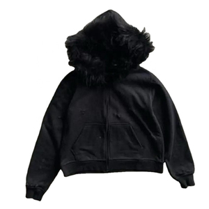 Sudadera con capucha de piel personalizada de mezcla de algodón básico, piel sintética desmontable, cremallera personalizada, sudadera pesada de 500gsm, OEM desgastado - Product Image 5