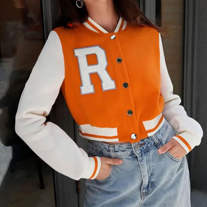 เสื้อแจ็กเก็ตนักบินโรงเรียนสำหรับผู้หญิงเสื้อแจ็กเก็ตกันหนาวแขนหนังสีเทามีสไตล์ตามสั่ง - Product Image 3