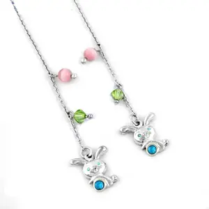Collier pendentif lapin en argent 925 avec pierres précieuses roses et vertes, accessoire de mode - Product Image 3