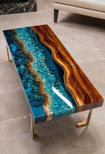LISTE ARTISANALE TABLE RONDE EN RÉSINE EPOXY POUR SALLE À MANGER Meubles Table de rivière en bois et résine pour bureau à domicile - Product Image 4