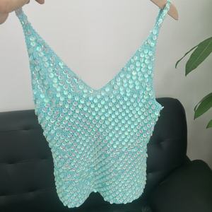 2025 New Fashionable Women's Clothing V-neck Customizable Handmade Crochet Solid Color <b>Sequin</b> <b>Top</b> - Product Image 2
