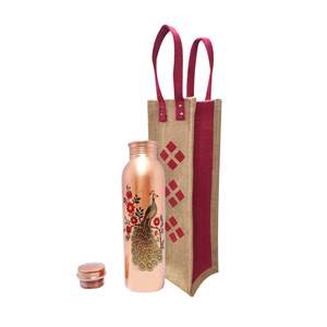 Peacock Printed <b>Copper</b> <b>Water</b> <b>Bottle</b> with Jute Green Carry Bag 950ml with Eco Friendly Style High Standard Quality Available - Product Image 2